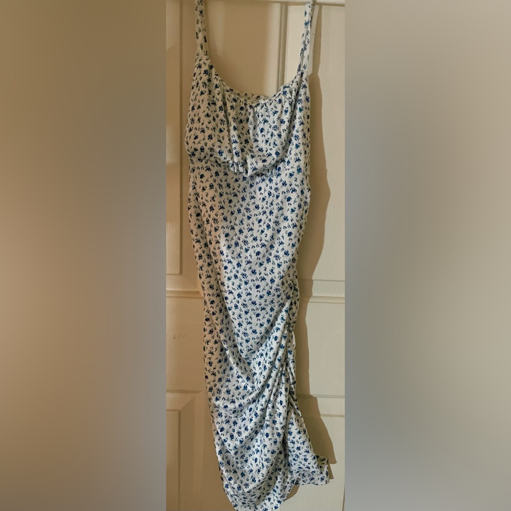 Shein Scrunched Medium Length Floral Print Blue and White Dress